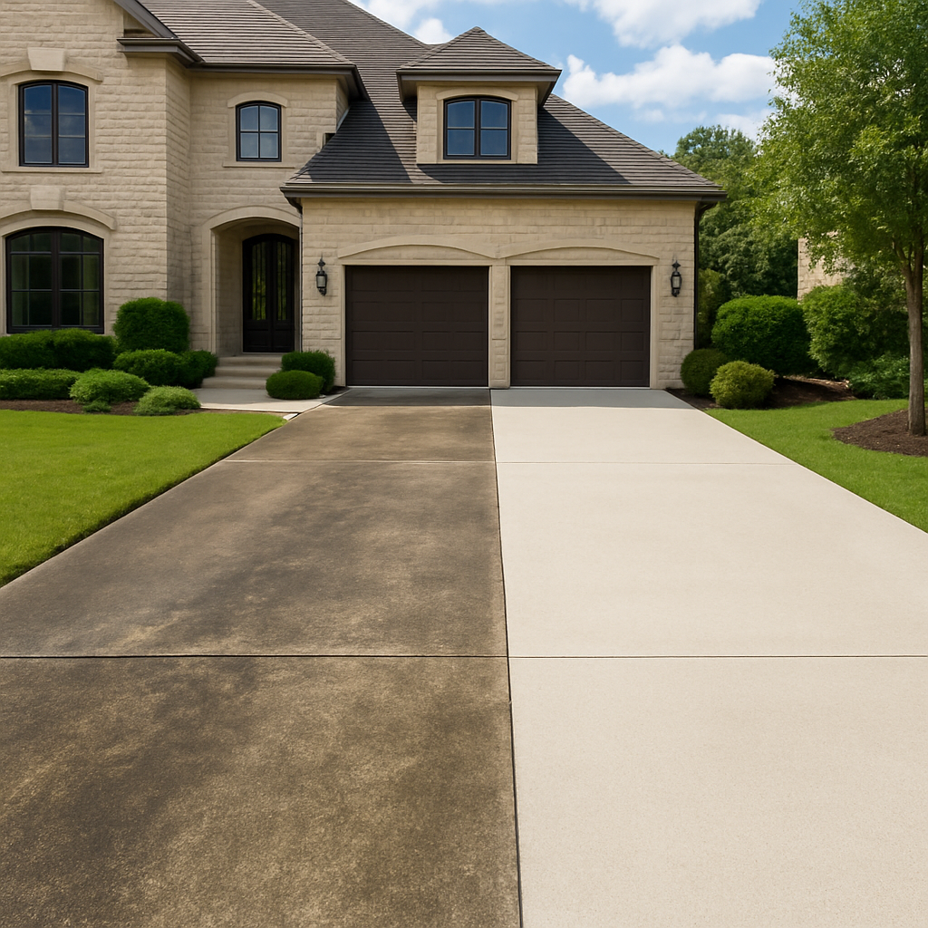 Before and after of a pressure-washed concrete driveway